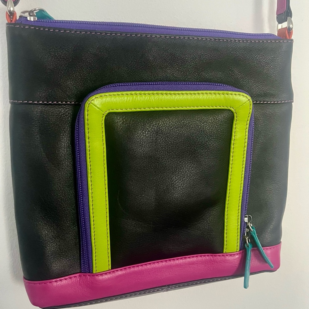 RFID Black & Florescent Colorblock Leather Crossbody